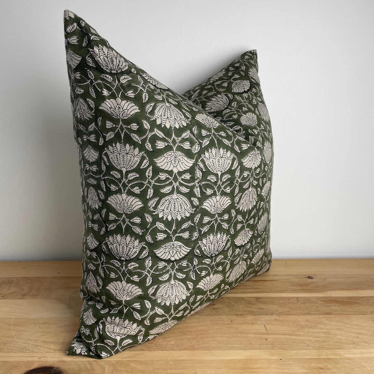 Green Linen Block Print Pillow Cover, Natural Linen Floral Print Pillow Cover