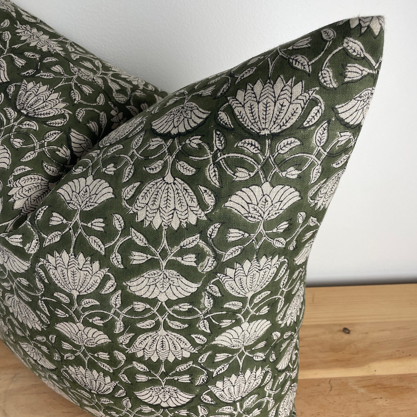 Green Linen Block Print Pillow Cover, Natural Linen Floral Print Pillow Cover