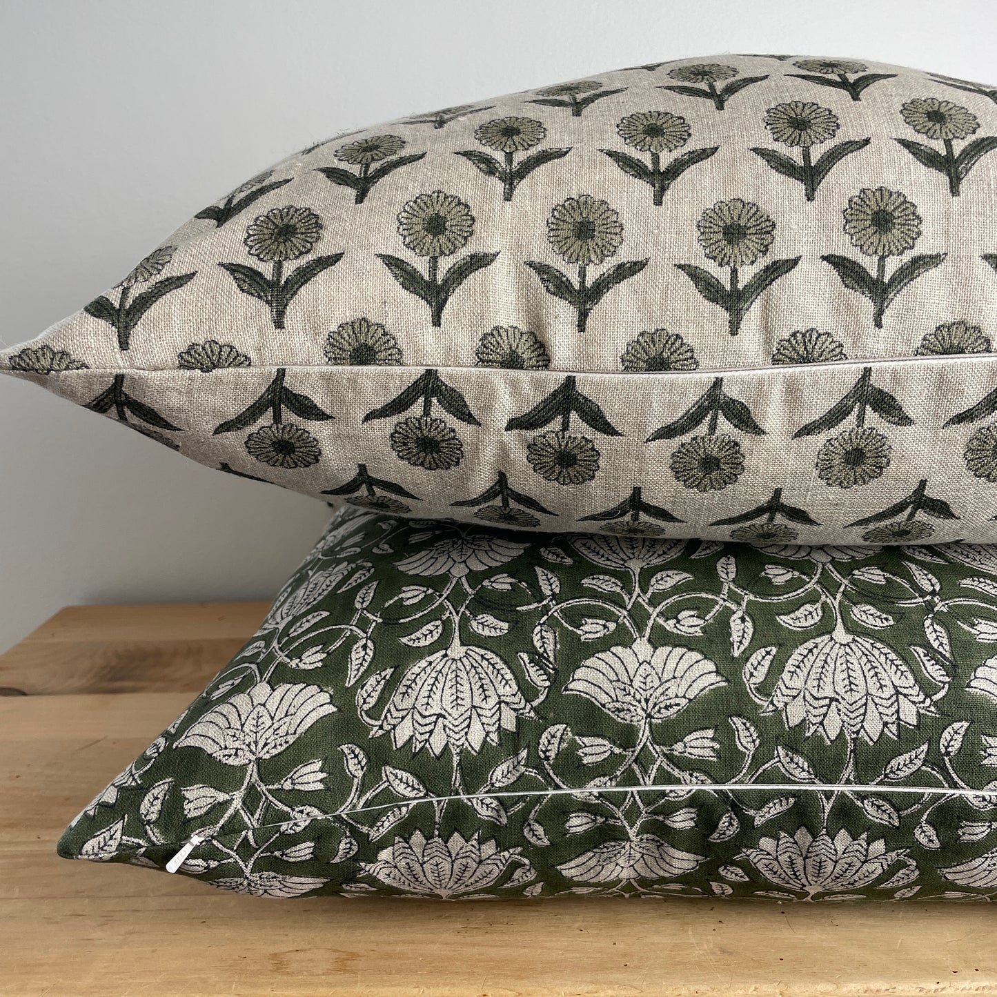 Green Linen Block Print Pillow Cover, Natural Linen Floral Print Pillow Cover