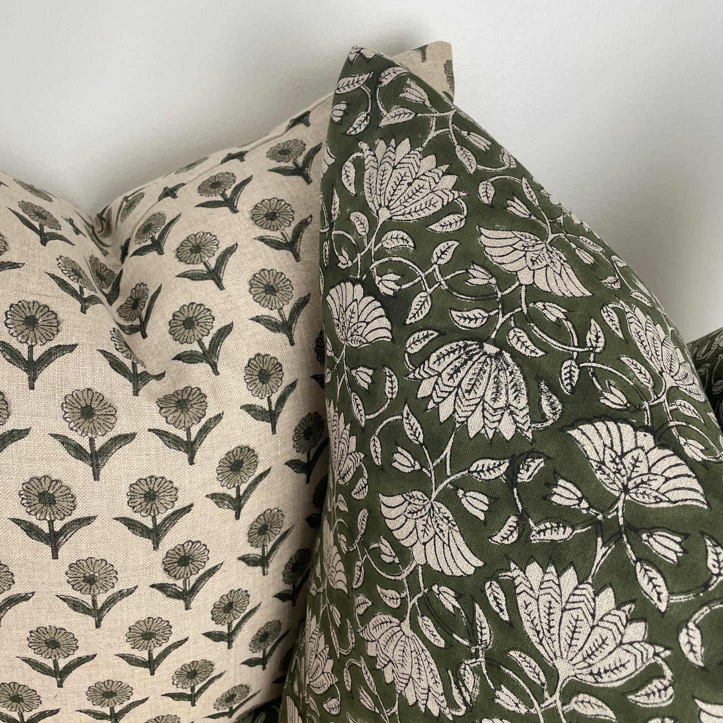 Green Linen Block Print Pillow Cover, Natural Linen Floral Print Pillow Cover