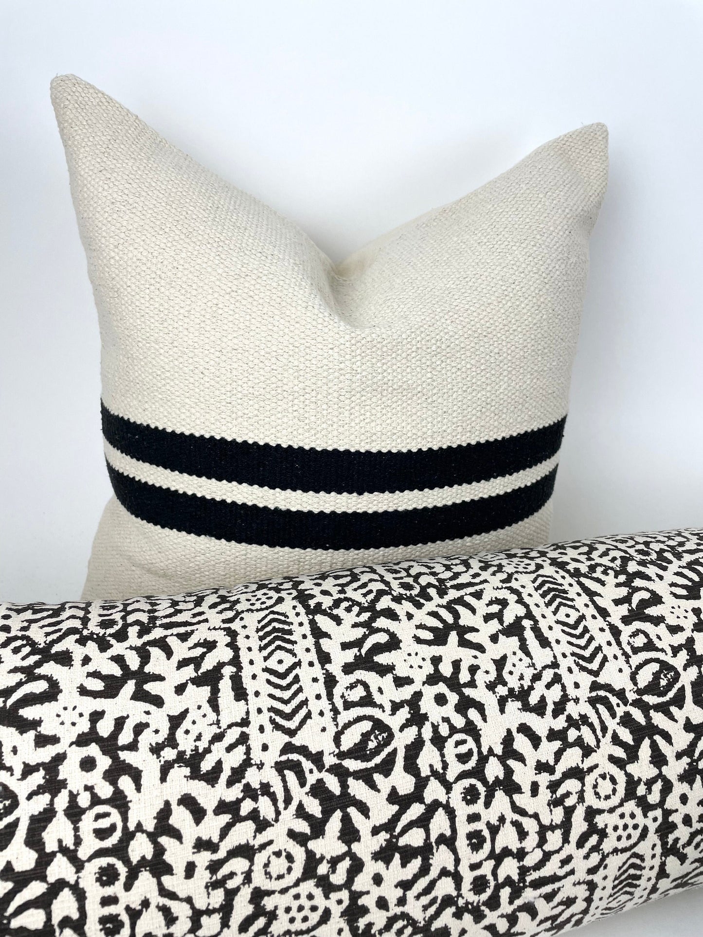 Cream and Black Stripe Pillow Cover, Thick Woven Cotton