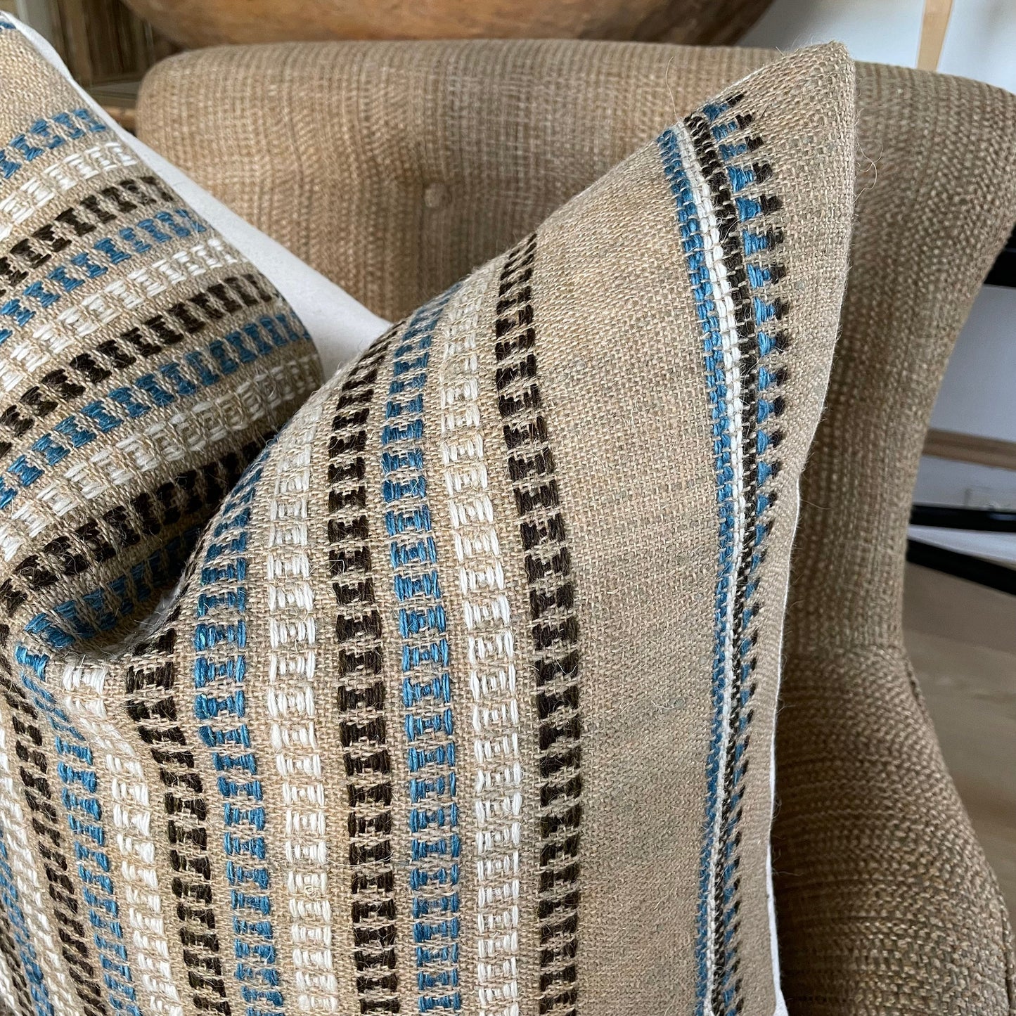 Light Brown and Blue Wool Pillow Cover, Designer Woven Pillows