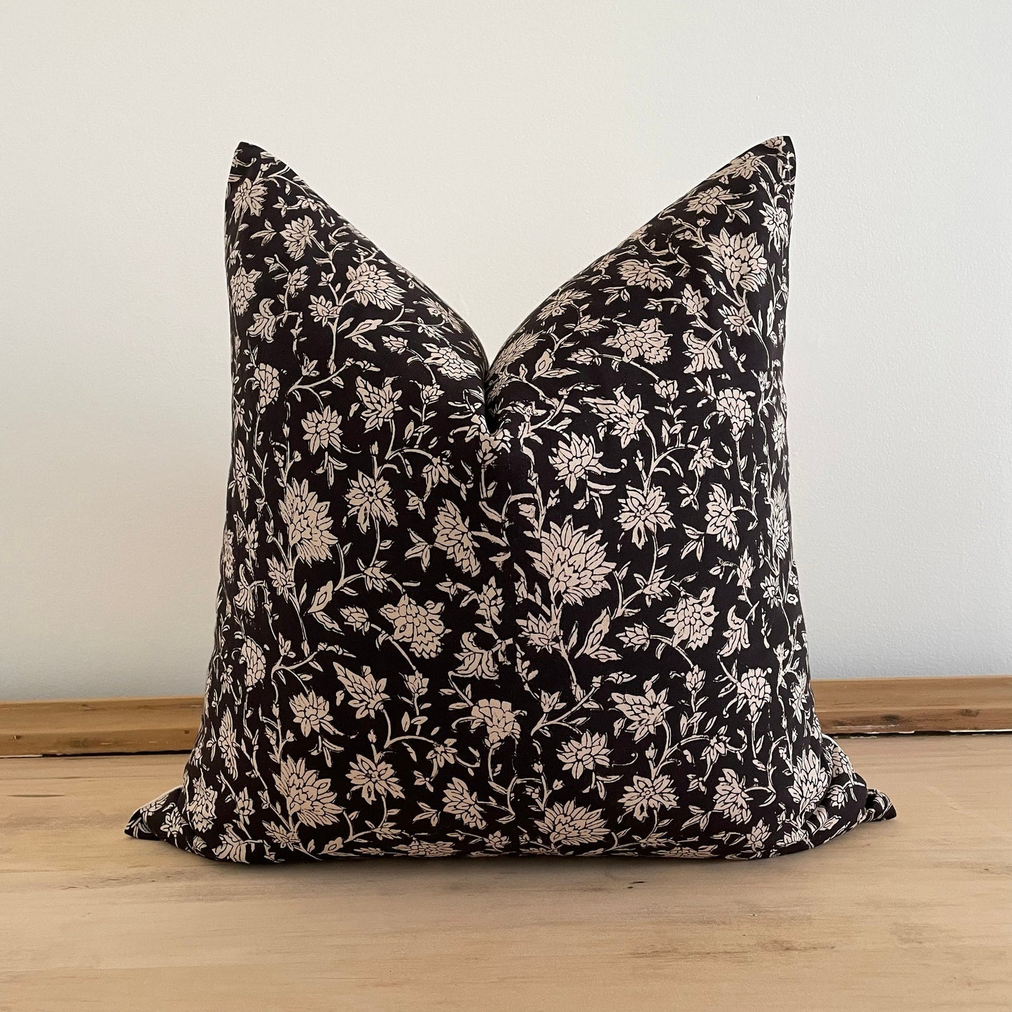 Black Floral Block Print Pillow Cover, Cotton Block Print Pillow