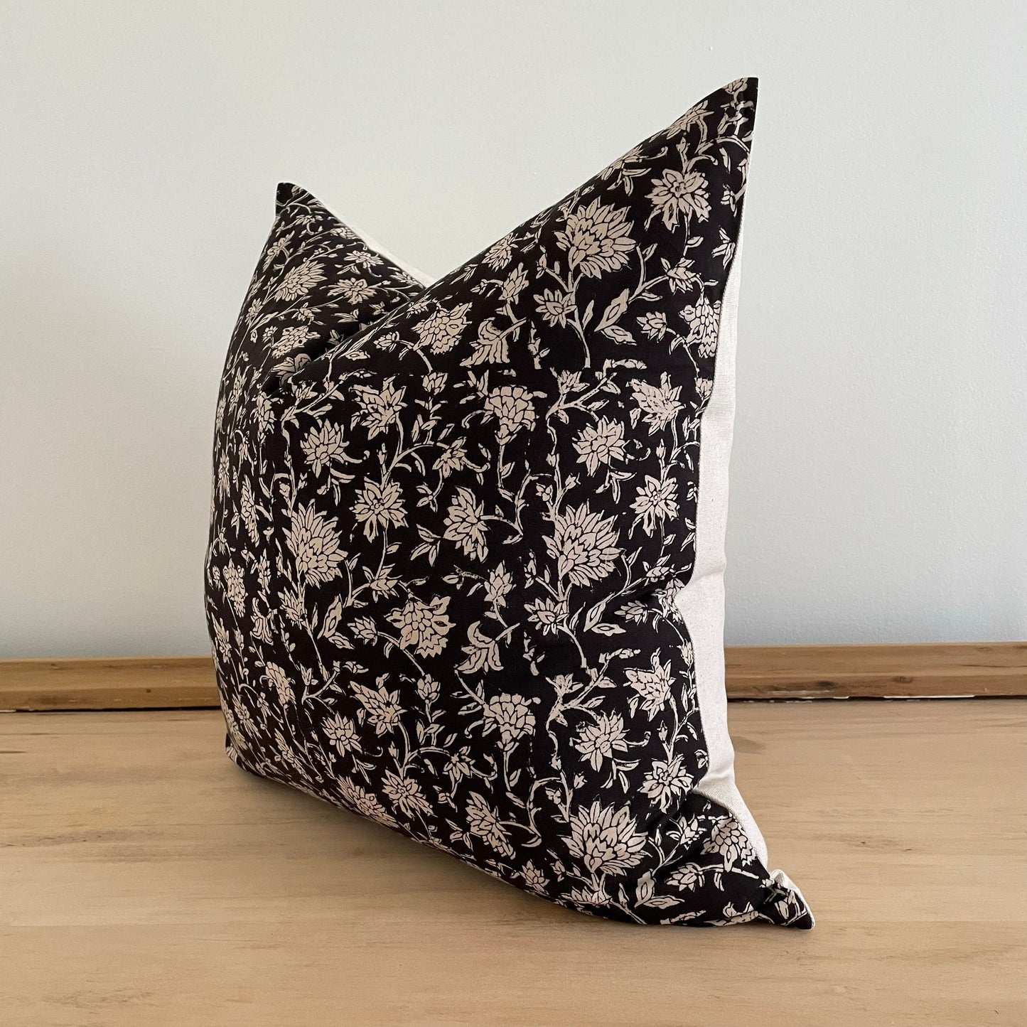 Black Floral Block Print Pillow Cover, Cotton Block Print Pillow