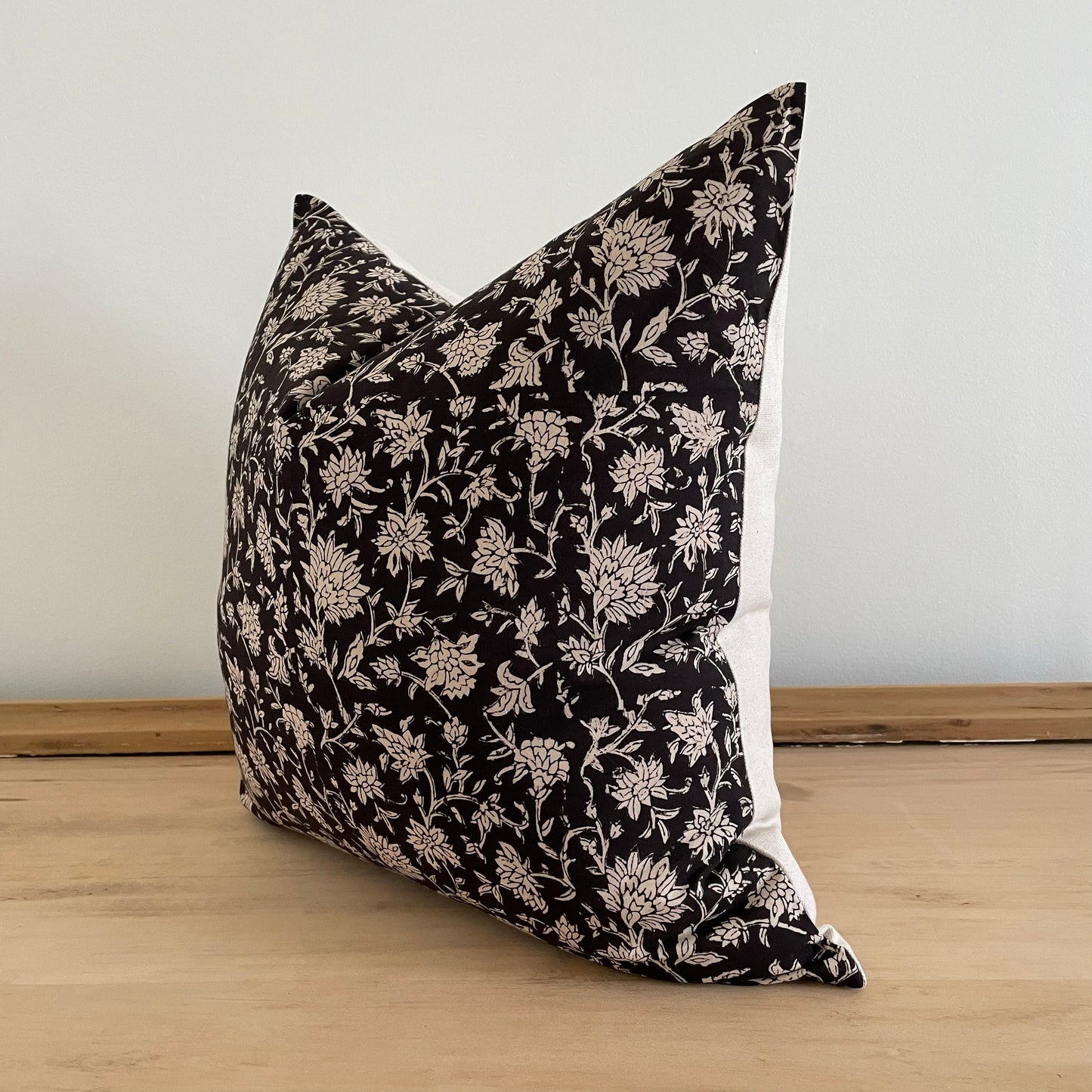 Block Print Black Floral Lumbar Pillow Cover, Cotton Block Print Pillow,  Neutral Throw Pillow, Designer Pillow