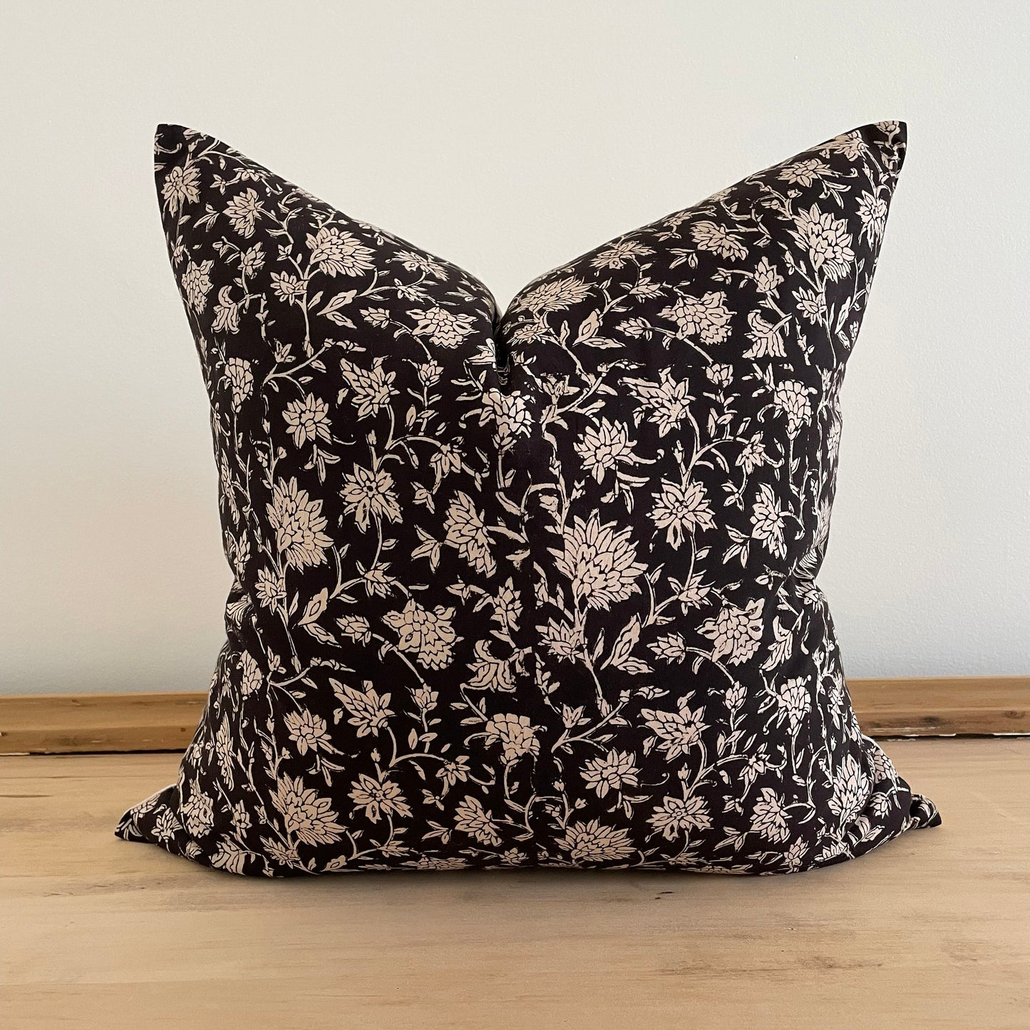 Black Floral Block Print Pillow Cover, Cotton Block Print Pillow