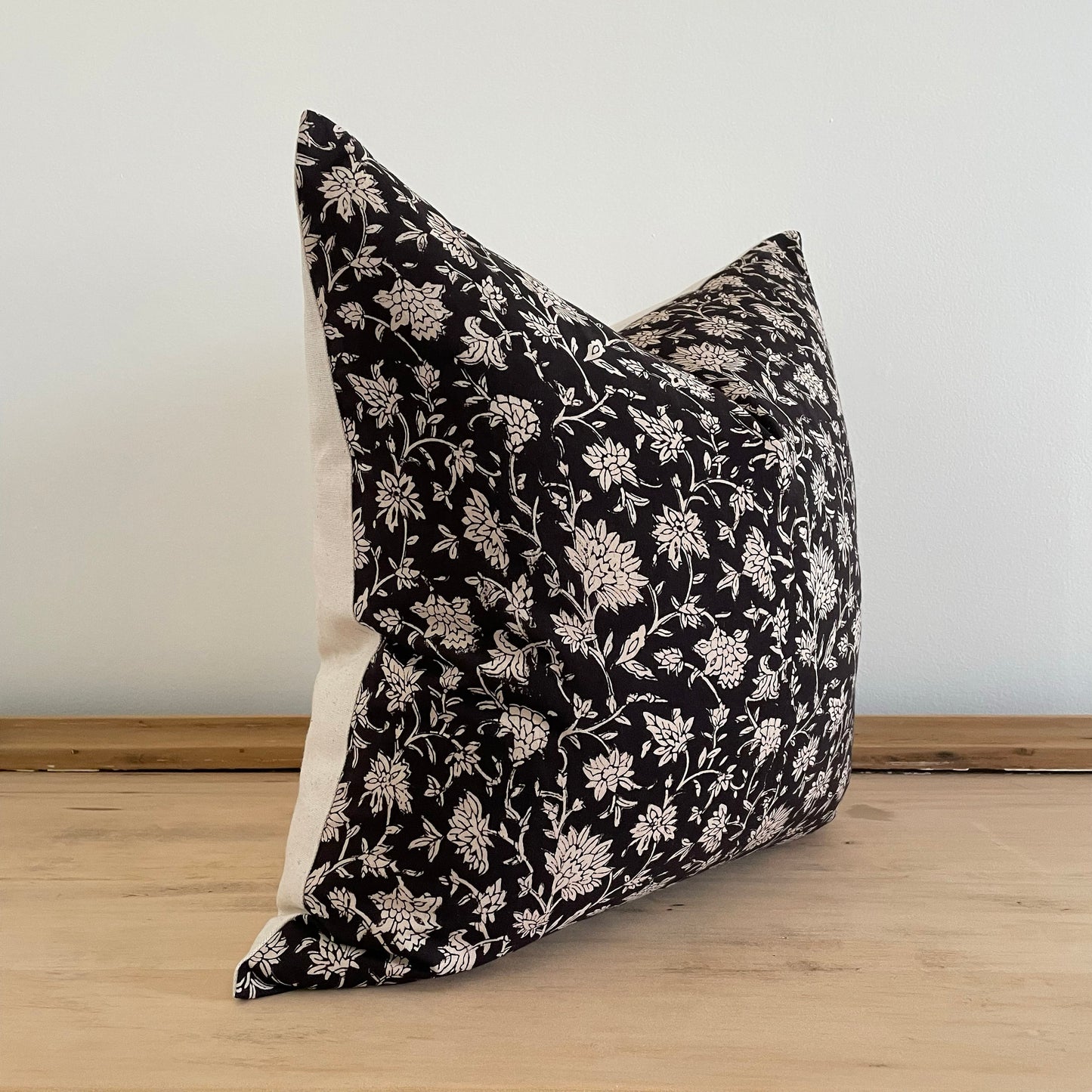 Block Print Black Floral Lumbar Pillow Cover, Cotton Block Print Pillow,  Neutral Throw Pillow, Designer Pillow