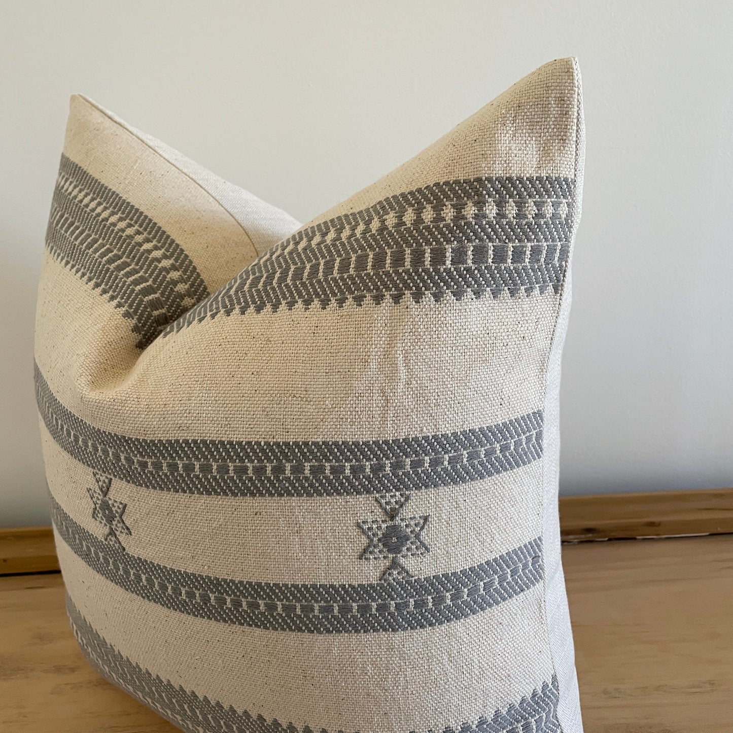 Gray and Cream Woven Pillow, Designer Woven Pillows, Hand-loomed Indian Cotton