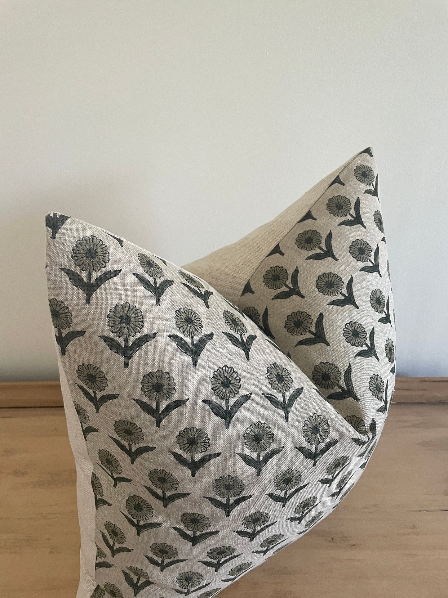 Block Print Floral Pillow Cover, Green Floral Block Print Pillow Cover