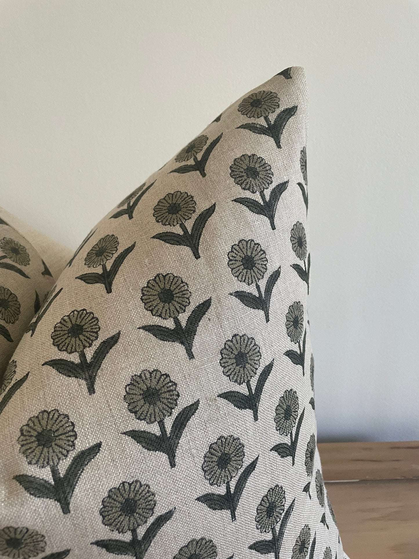 Block Print Floral Pillow Cover, Green Floral Block Print Pillow Cover