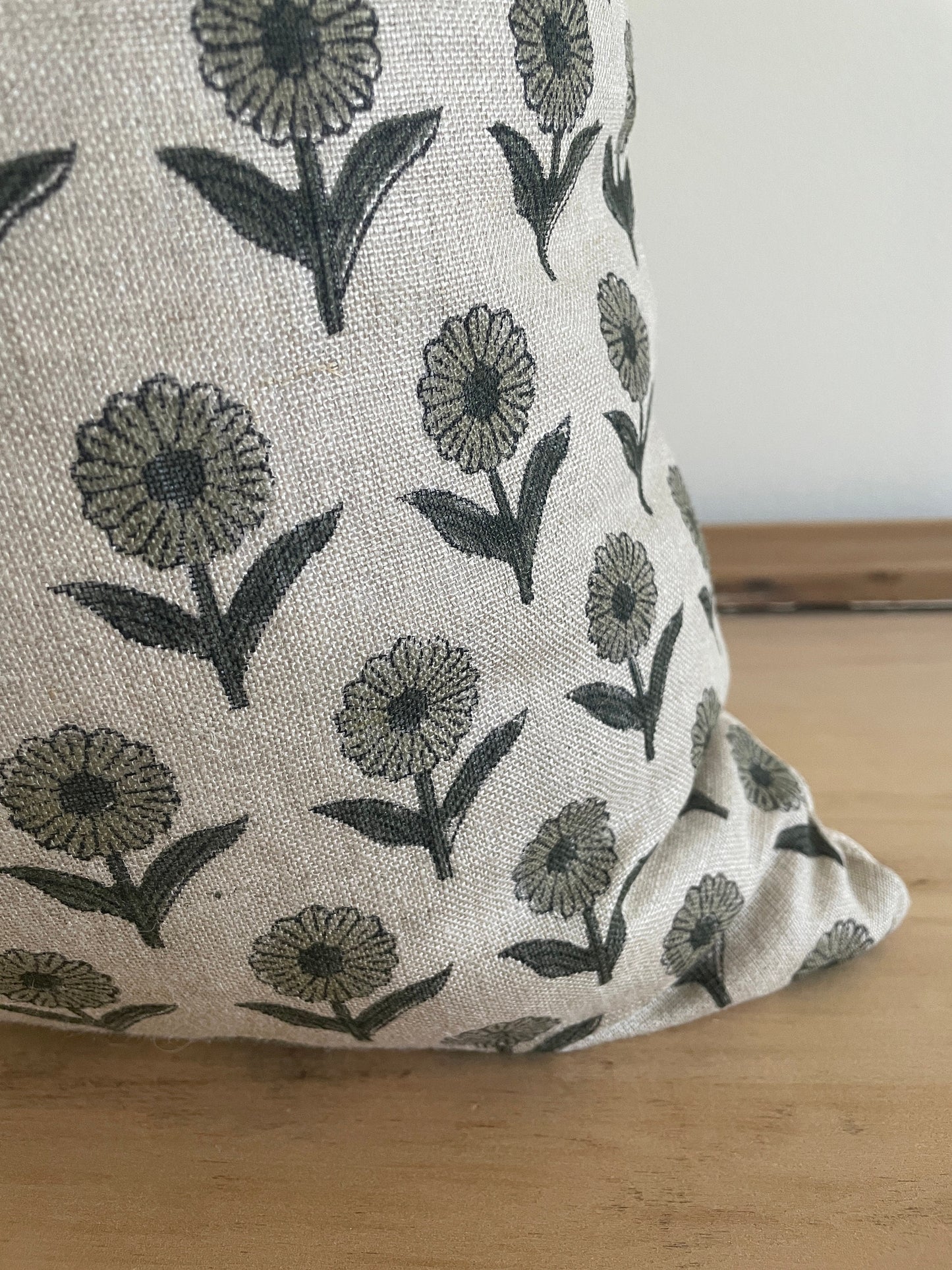 Block Print Floral Pillow Cover, Green Floral Block Print Pillow Cover