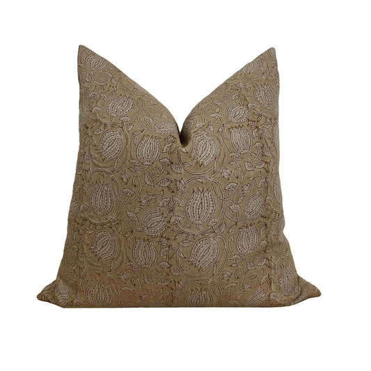 Brown Linen Tulip Block Print Pillow Cover, Neutral Floral Block Print Pillow Cover