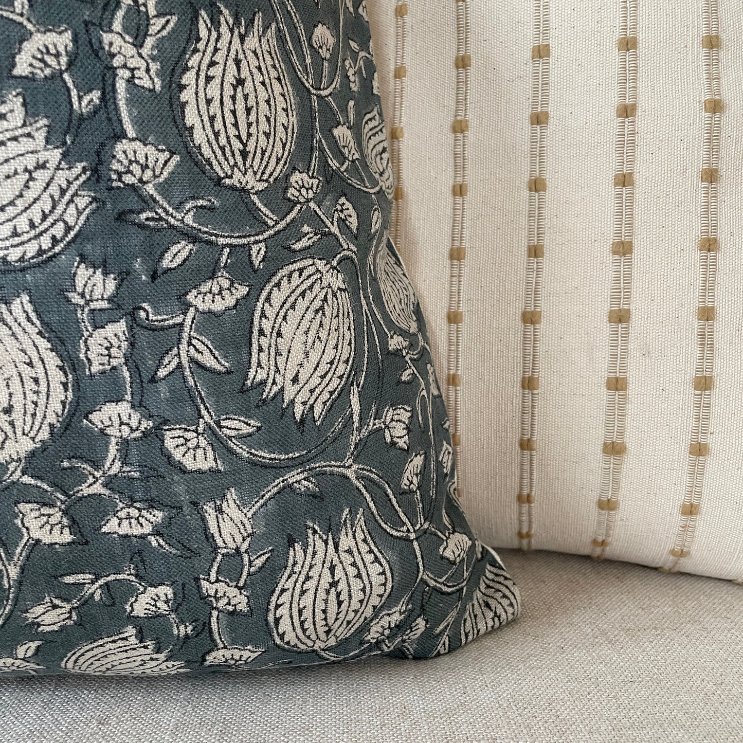 Blue Tulip Block Print Pillow Cover, Blue-Gray Linen Floral Print Pillow Cover, Moody Blue Pillow