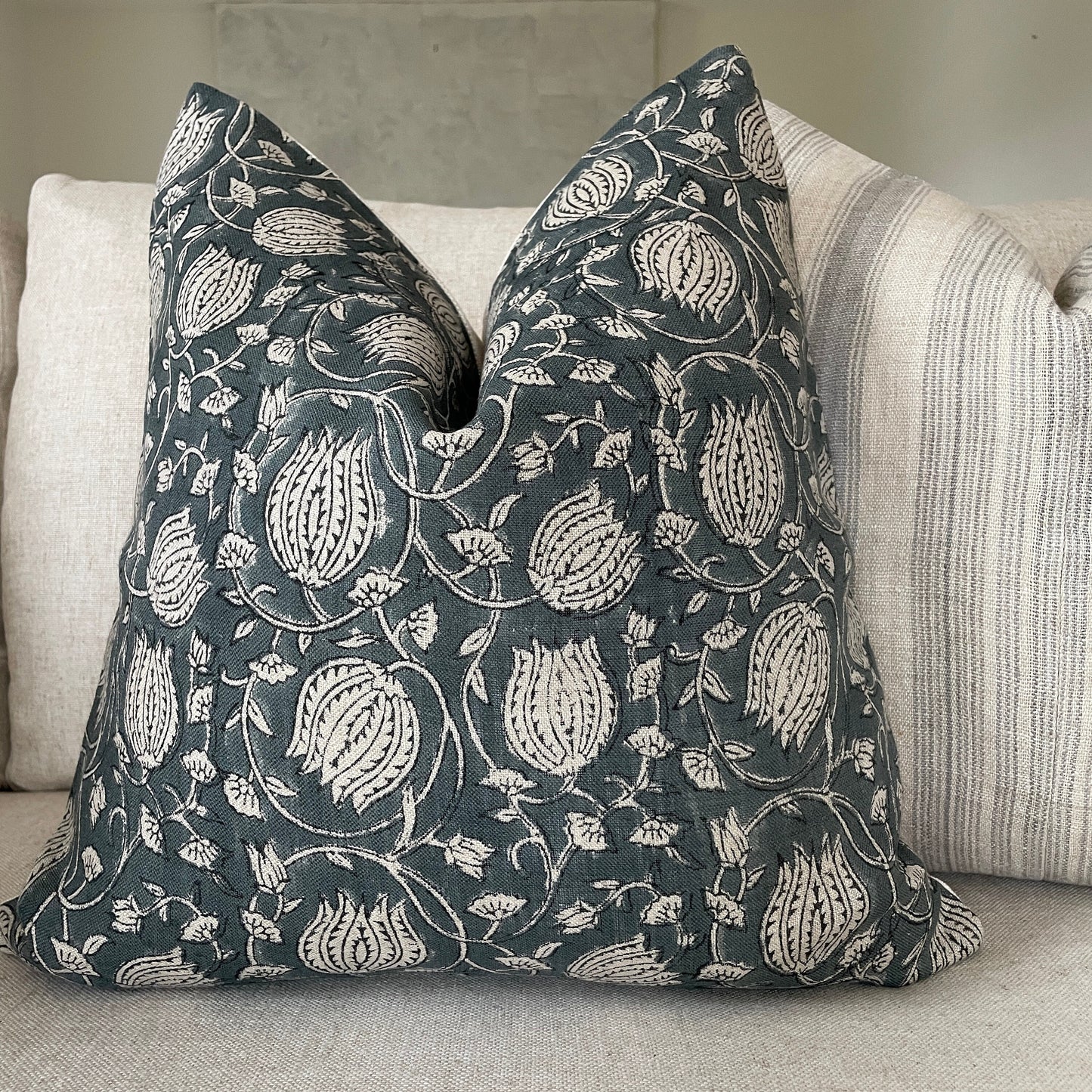 Blue Tulip Block Print Pillow Cover, Blue-Gray Linen Floral Print Pillow Cover, Moody Blue Pillow