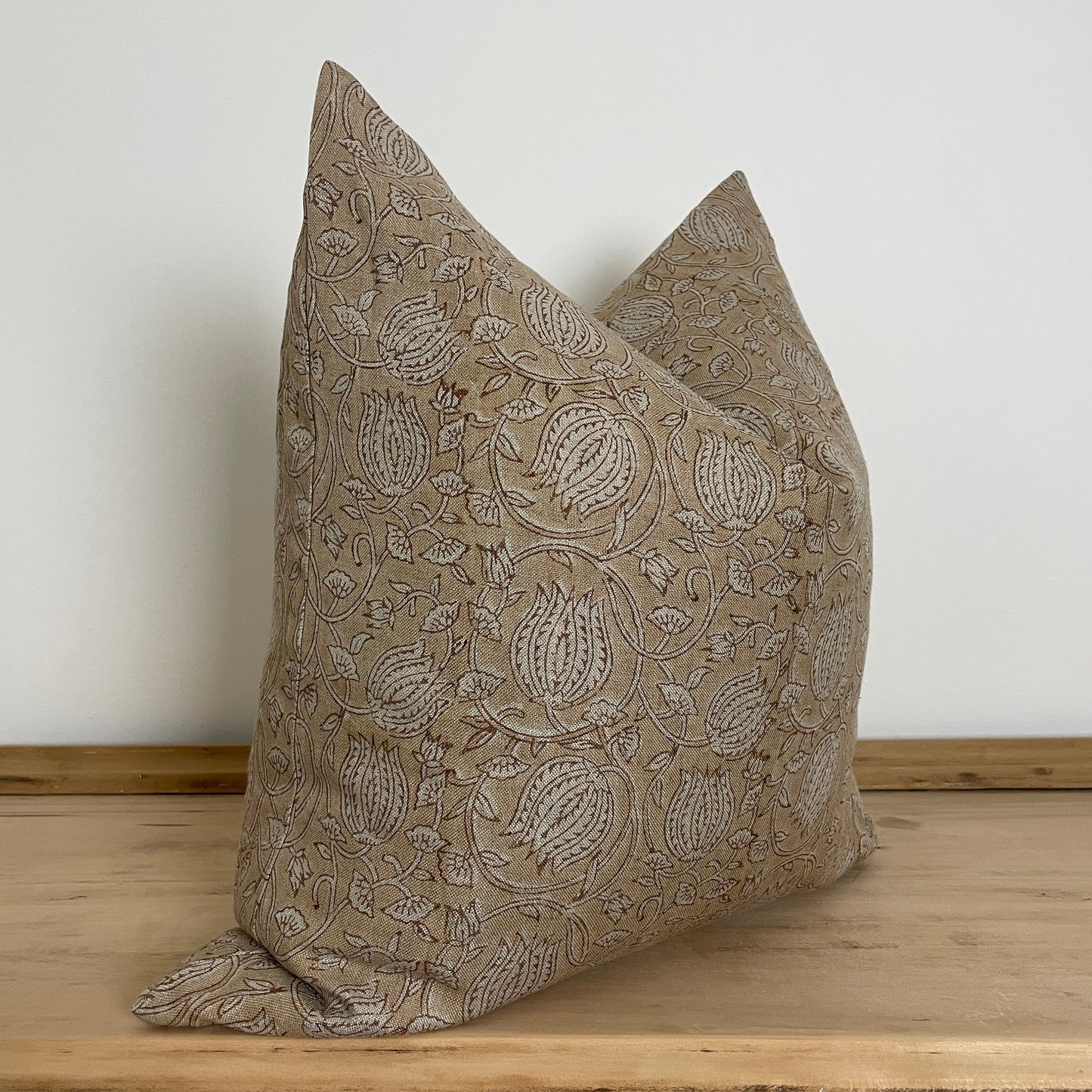 Brown Linen Tulip Block Print Pillow Cover, Neutral Floral Block Print Pillow Cover