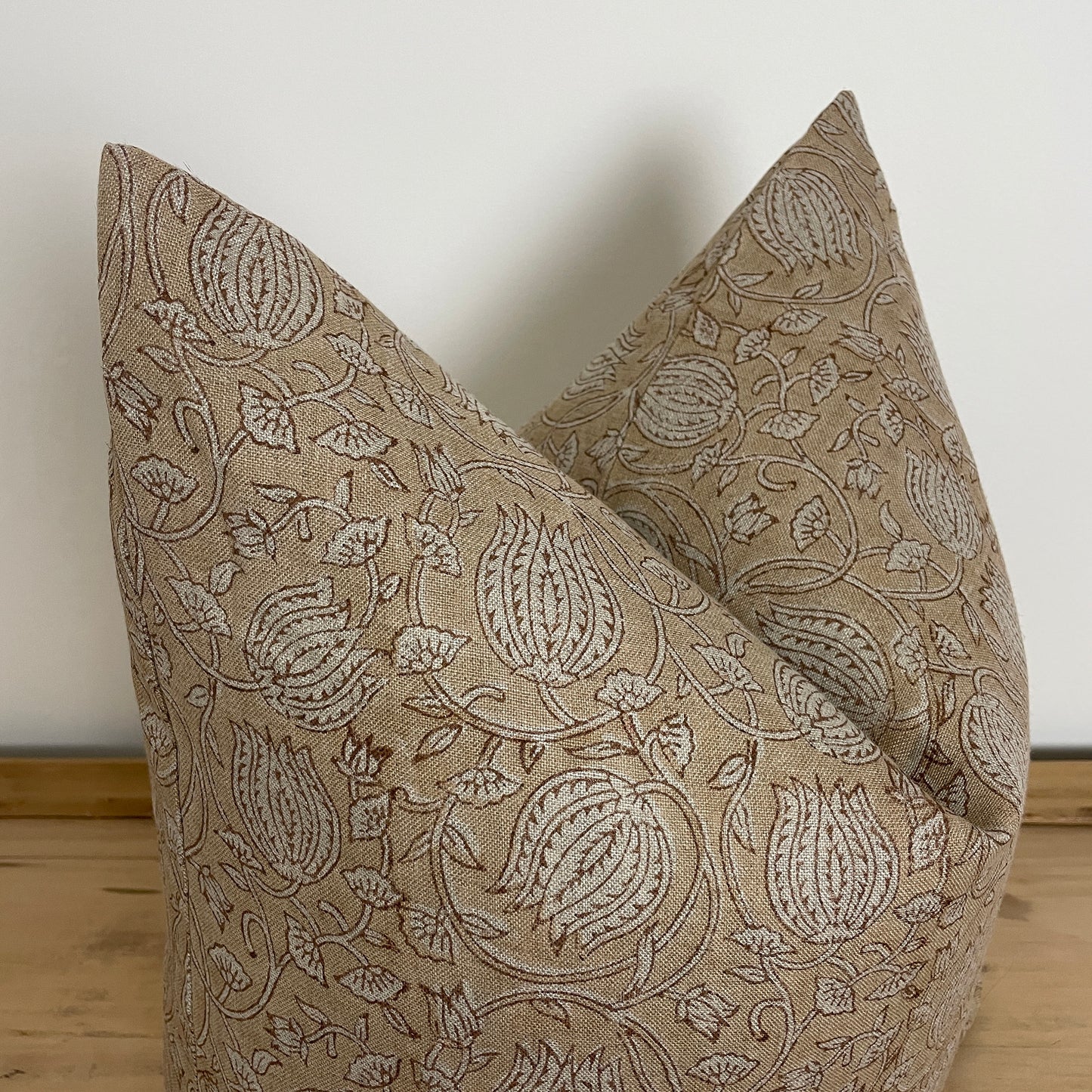 Brown Linen Tulip Block Print Pillow Cover, Neutral Floral Block Print Pillow Cover