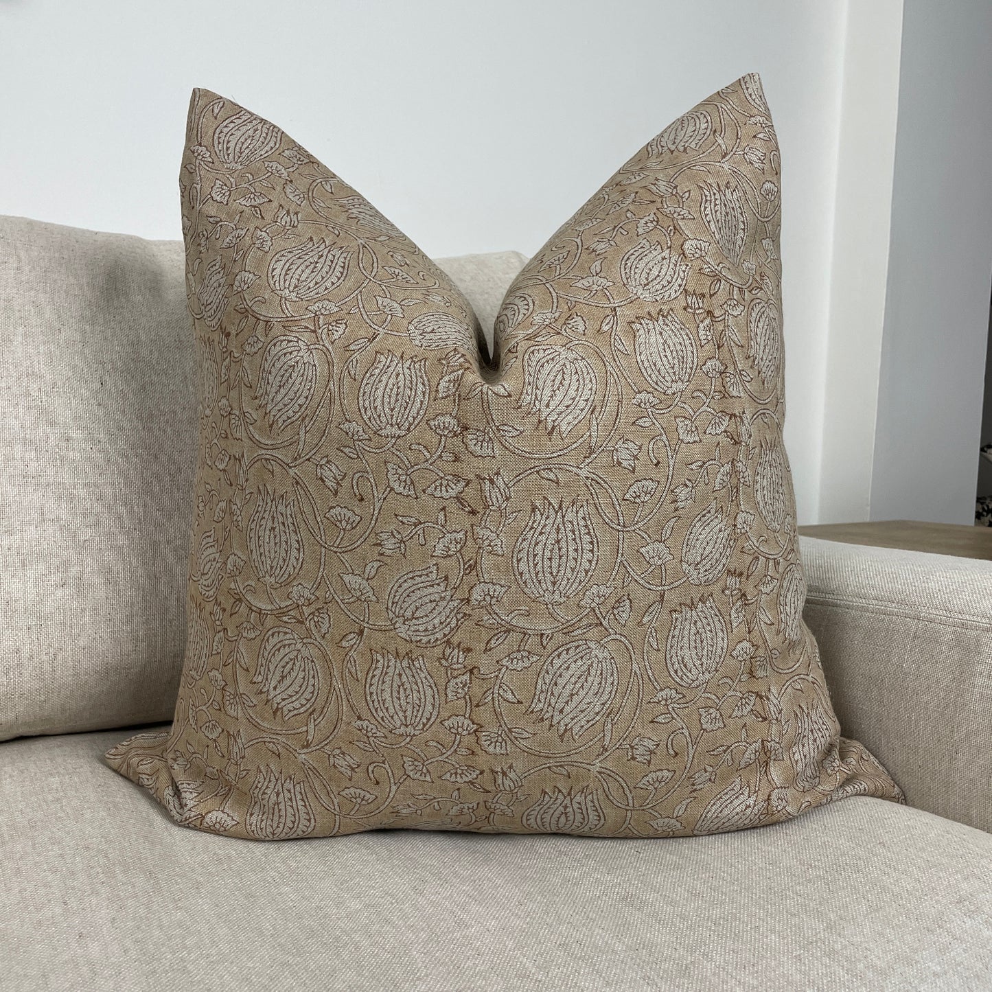 Brown Linen Tulip Block Print Pillow Cover, Neutral Floral Block Print Pillow Cover