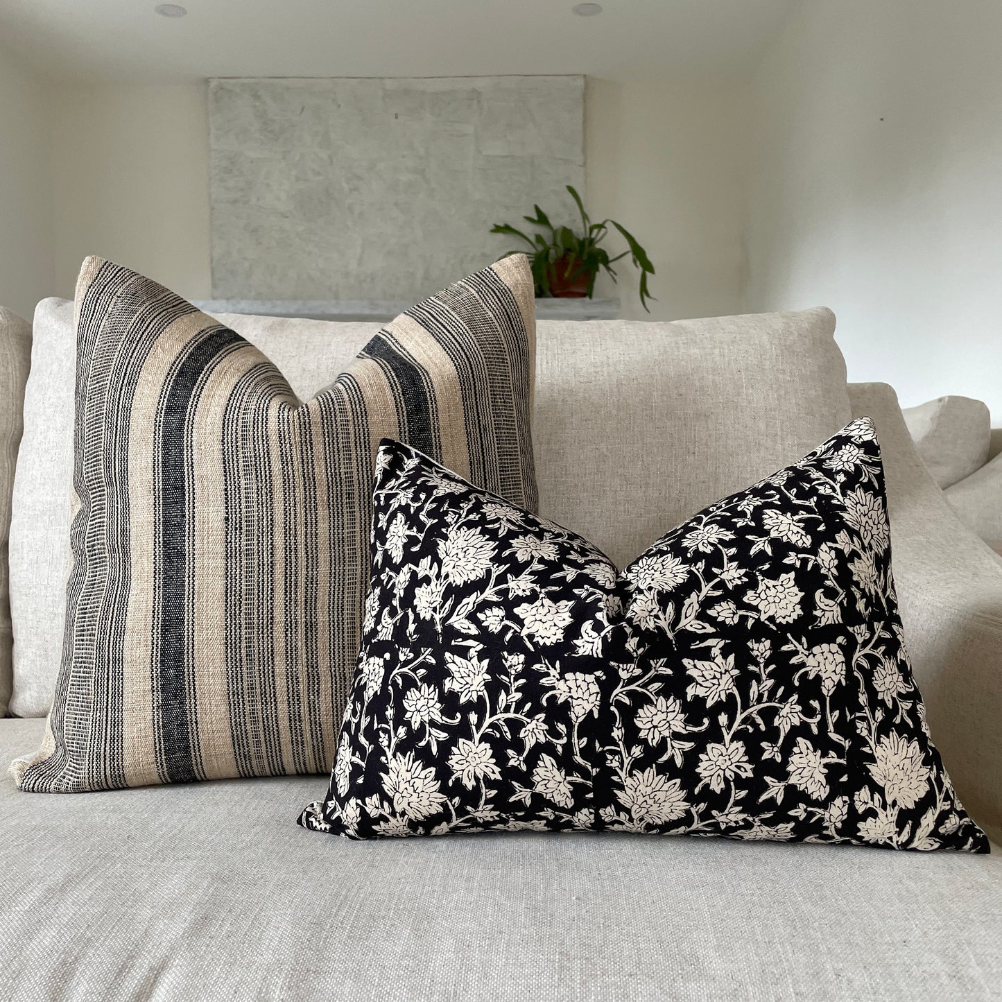 Black Floral Block Print Pillow Cover, Cotton Block Print Pillow