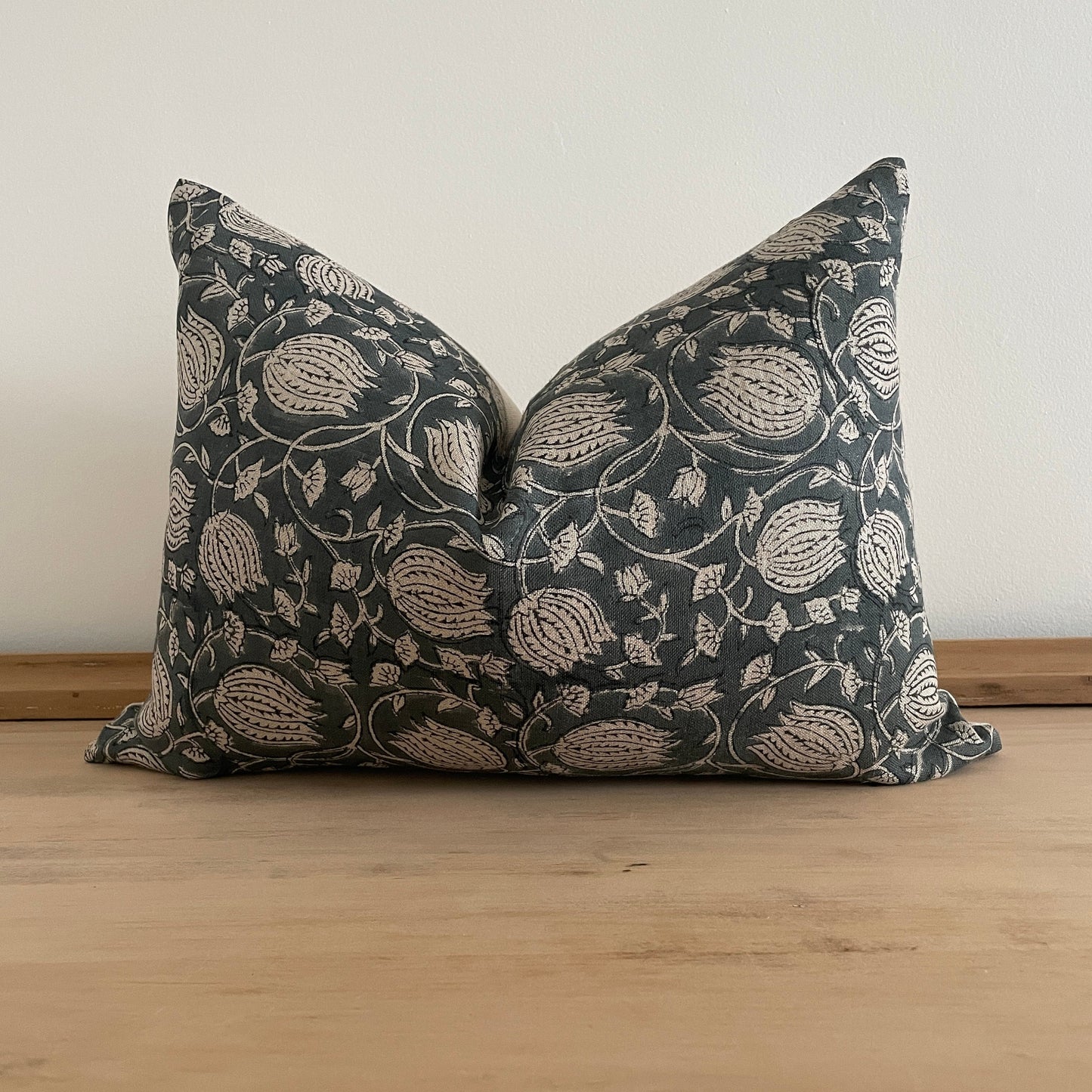 Blue Tulip Block Print Pillow Cover, Blue-Gray Linen Floral Print Pillow Cover, Moody Blue Pillow