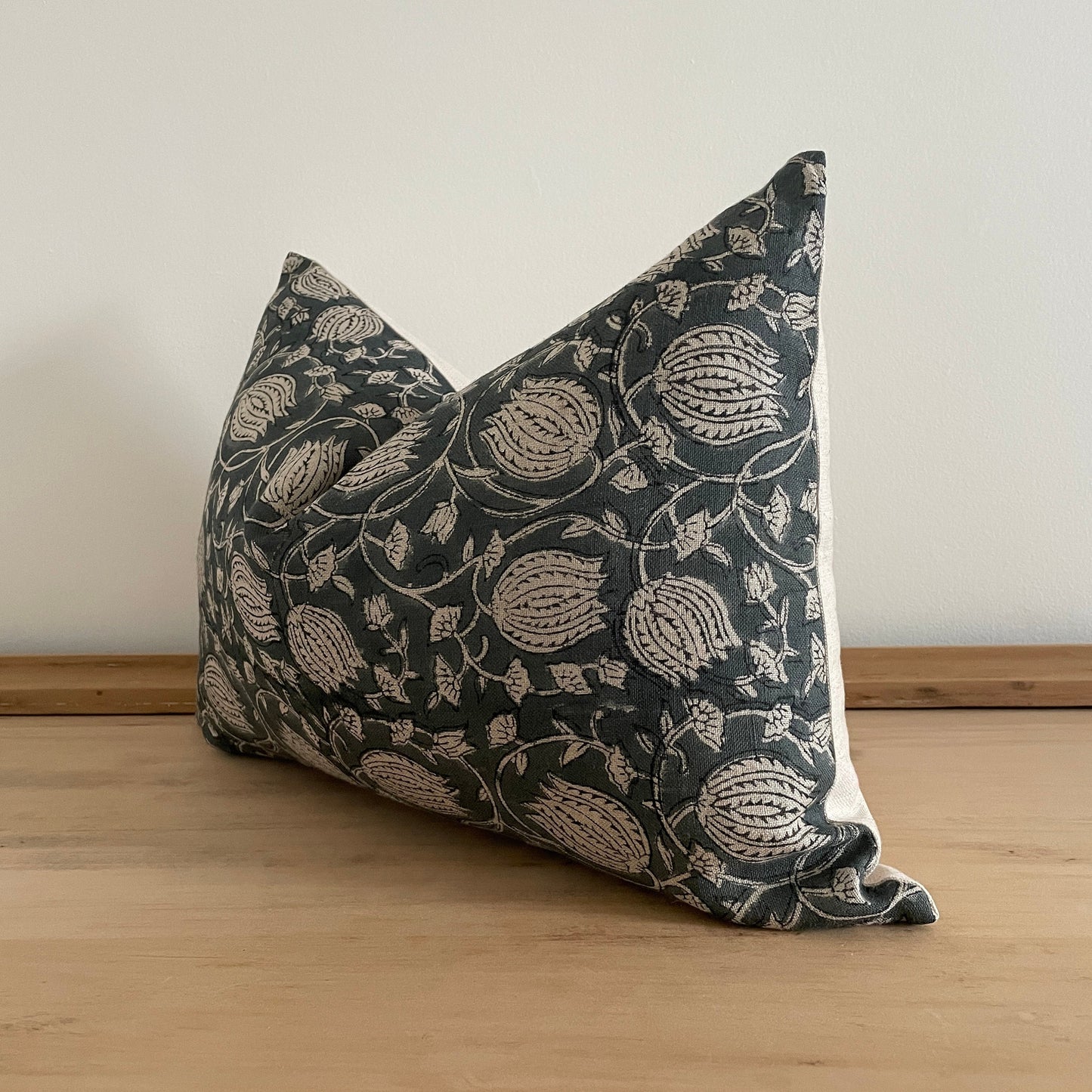 Blue Tulip Block Print Pillow Cover, Blue-Gray Linen Floral Print Pillow Cover, Moody Blue Pillow