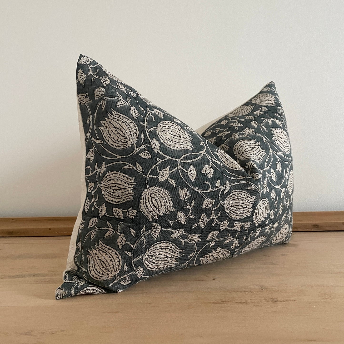 Blue Tulip Block Print Pillow Cover, Blue-Gray Linen Floral Print Pillow Cover, Moody Blue Pillow