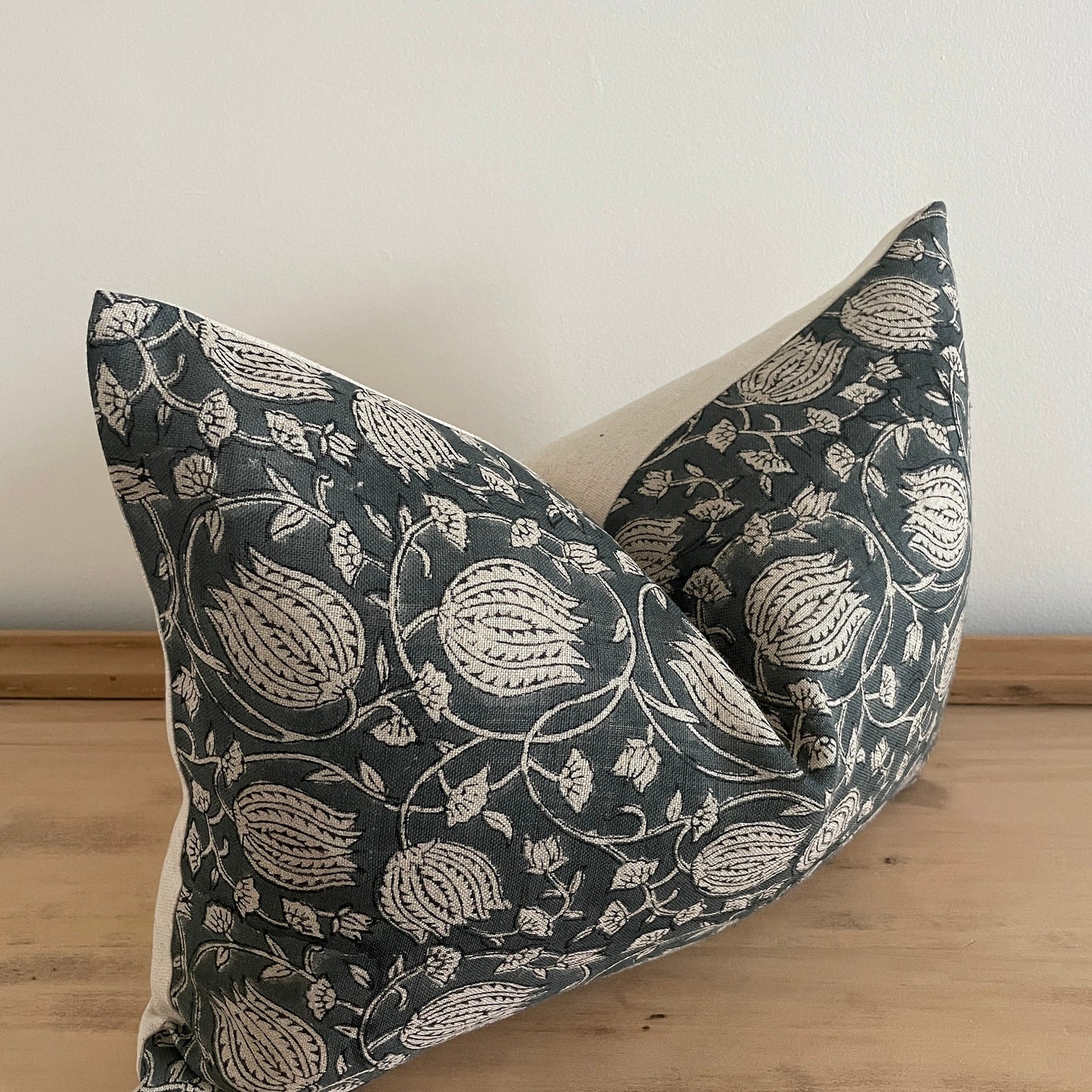 Blue Tulip Block Print Pillow Cover, Blue-Gray Linen Floral Print Pillow Cover, Moody Blue Pillow