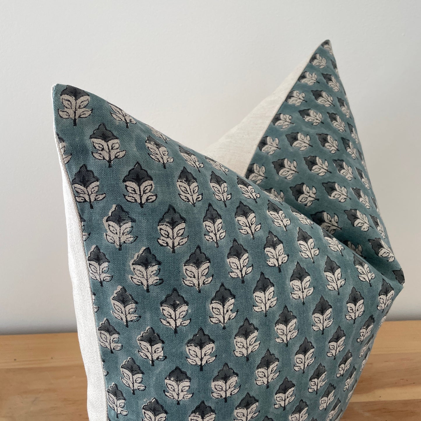 Blue Linen Block Print Pillow Cover,