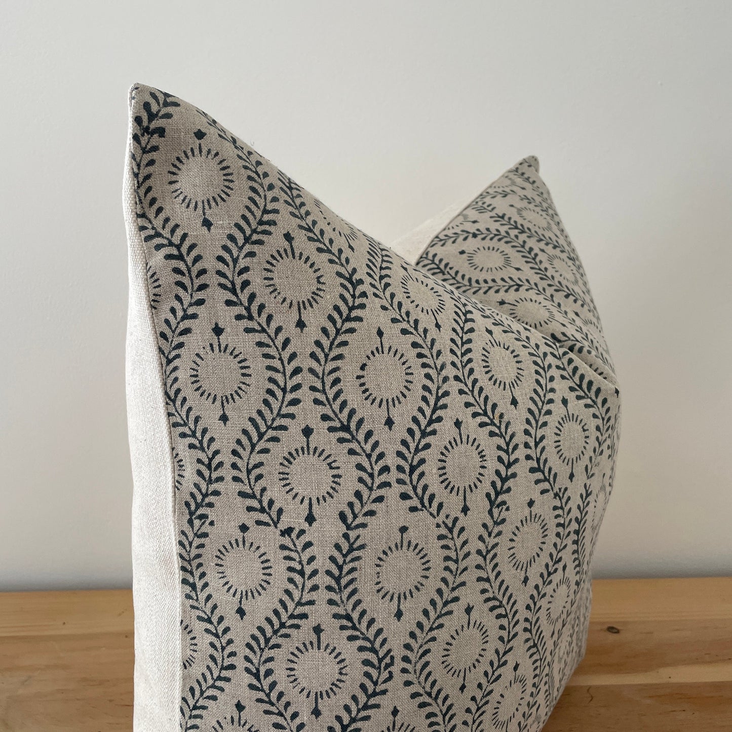 Blue Gray Block Pillow Cover, Blue on Natural Linen Block Print Pillow