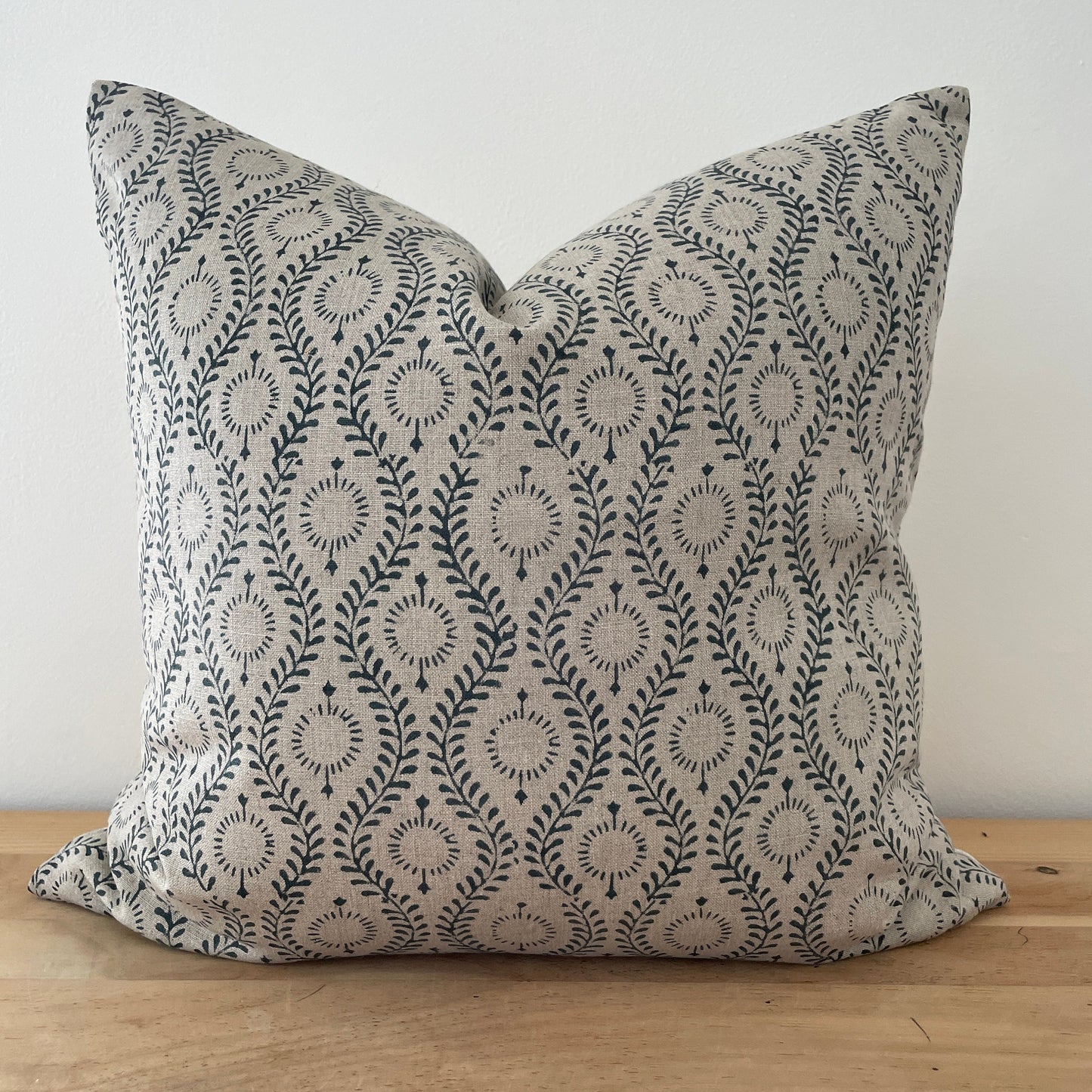 Blue Gray Block Pillow Cover, Blue on Natural Linen Block Print Pillow