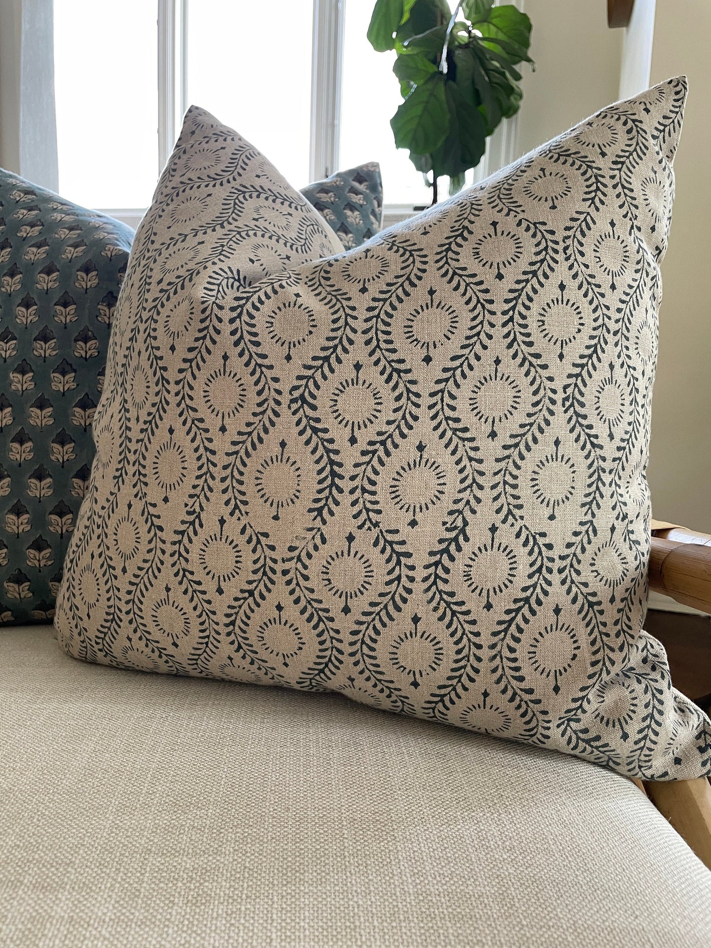 Blue Gray Block Pillow Cover, Blue on Natural Linen Block Print Pillow