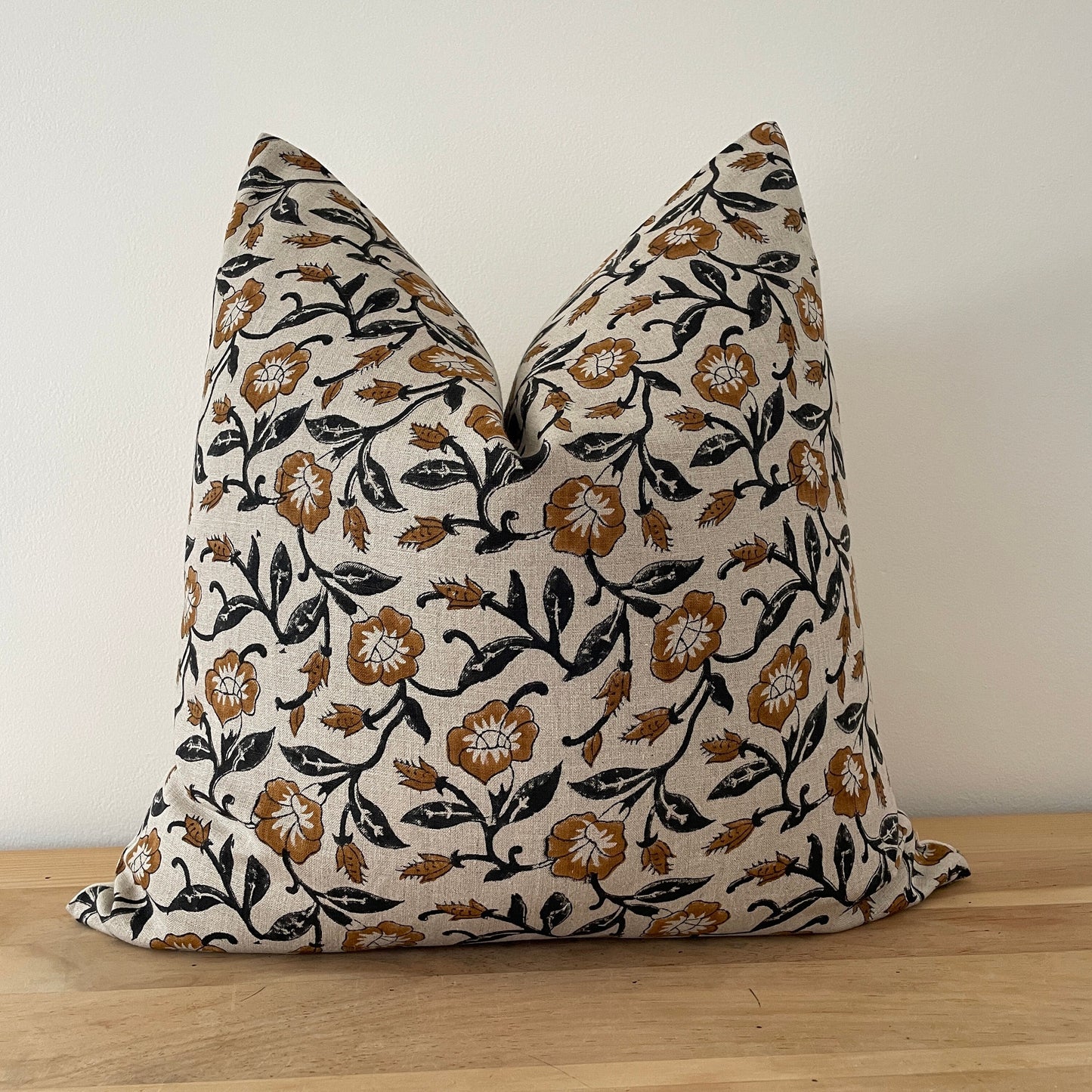 Block Print Linen Pillow Cover, Brown and Black Floral Block Print Pillow