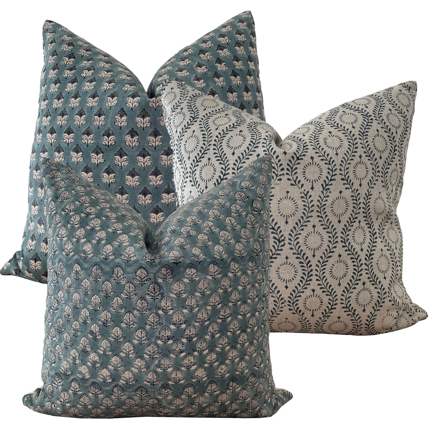 Blue Linen Block Print Pillow Cover,