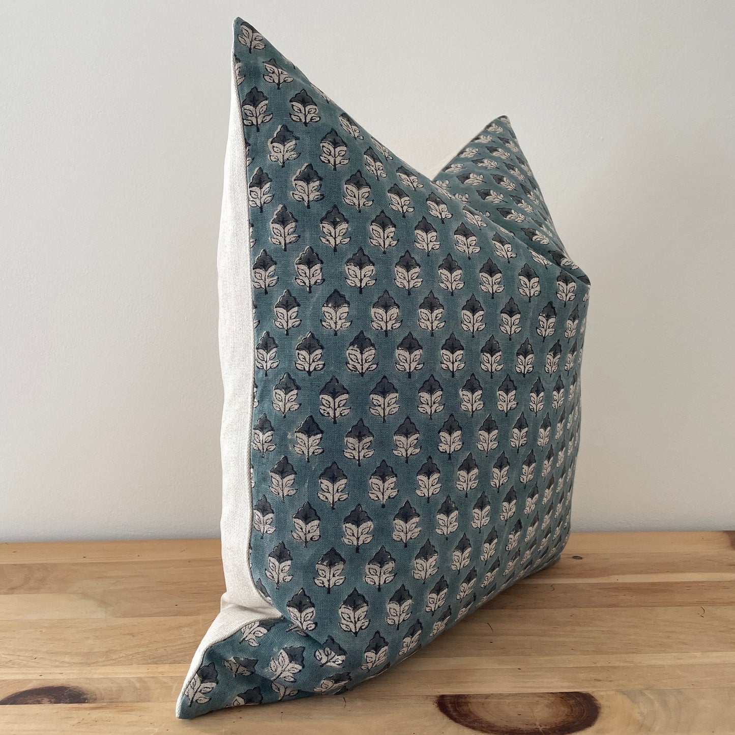 Blue Linen Block Print Pillow Cover,