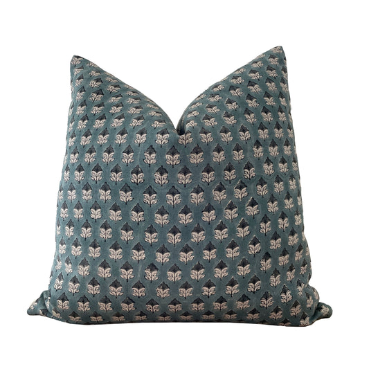 Blue Linen Block Print Pillow Cover,