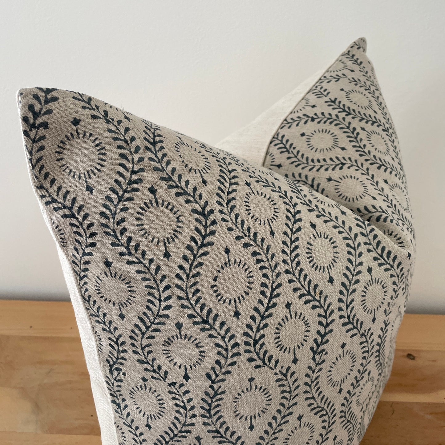 Blue Gray Block Pillow Cover, Blue on Natural Linen Block Print Pillow