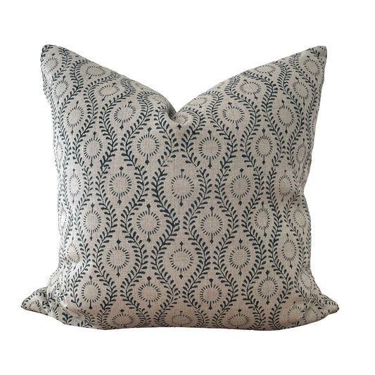 Blue Gray Block Pillow Cover, Blue on Natural Linen Block Print Pillow