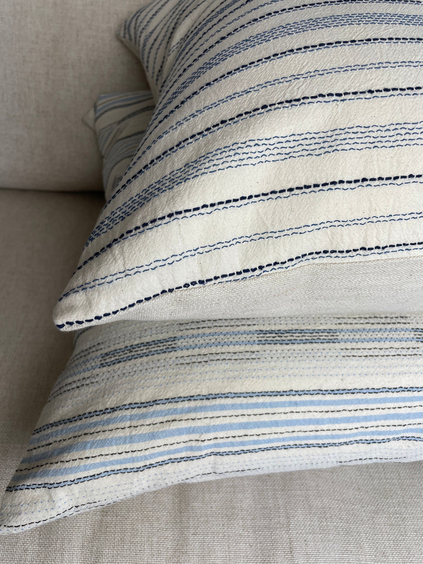 Blue Stripe with Black Sashiko Stitching Pillow Cover