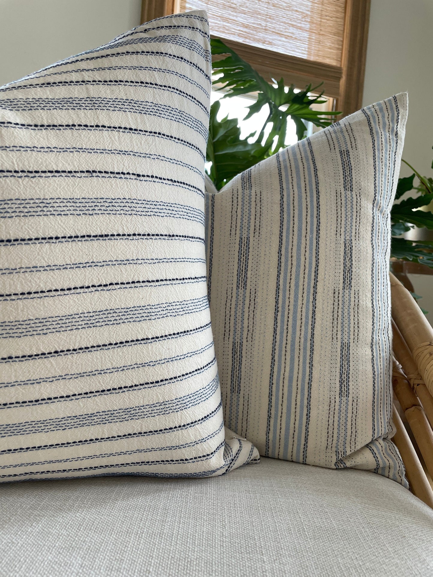 Blue Stripe with Black Sashiko Stitching Pillow Cover