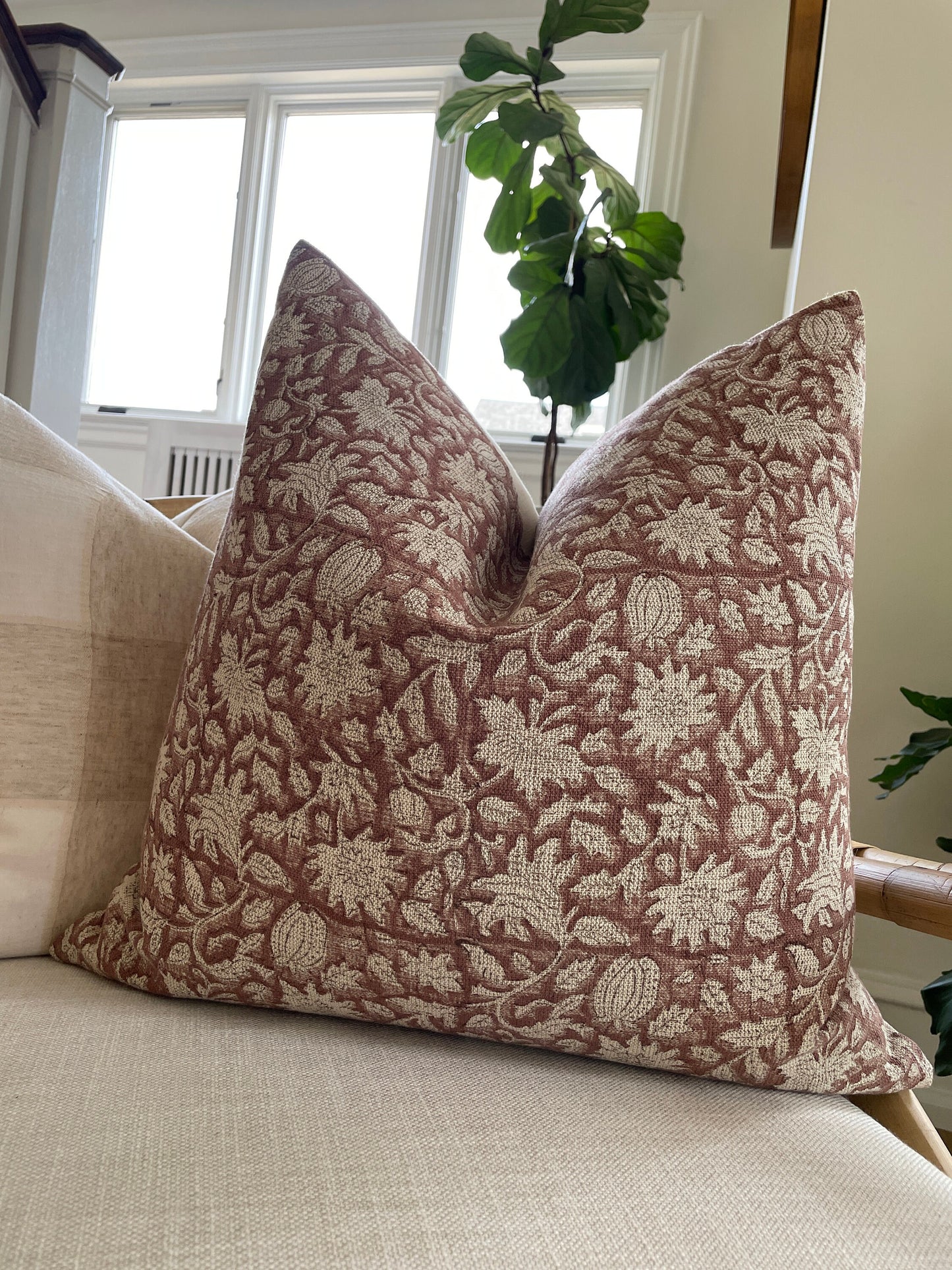 18" Block Print Pillow Cover on Textured Linen Pillow