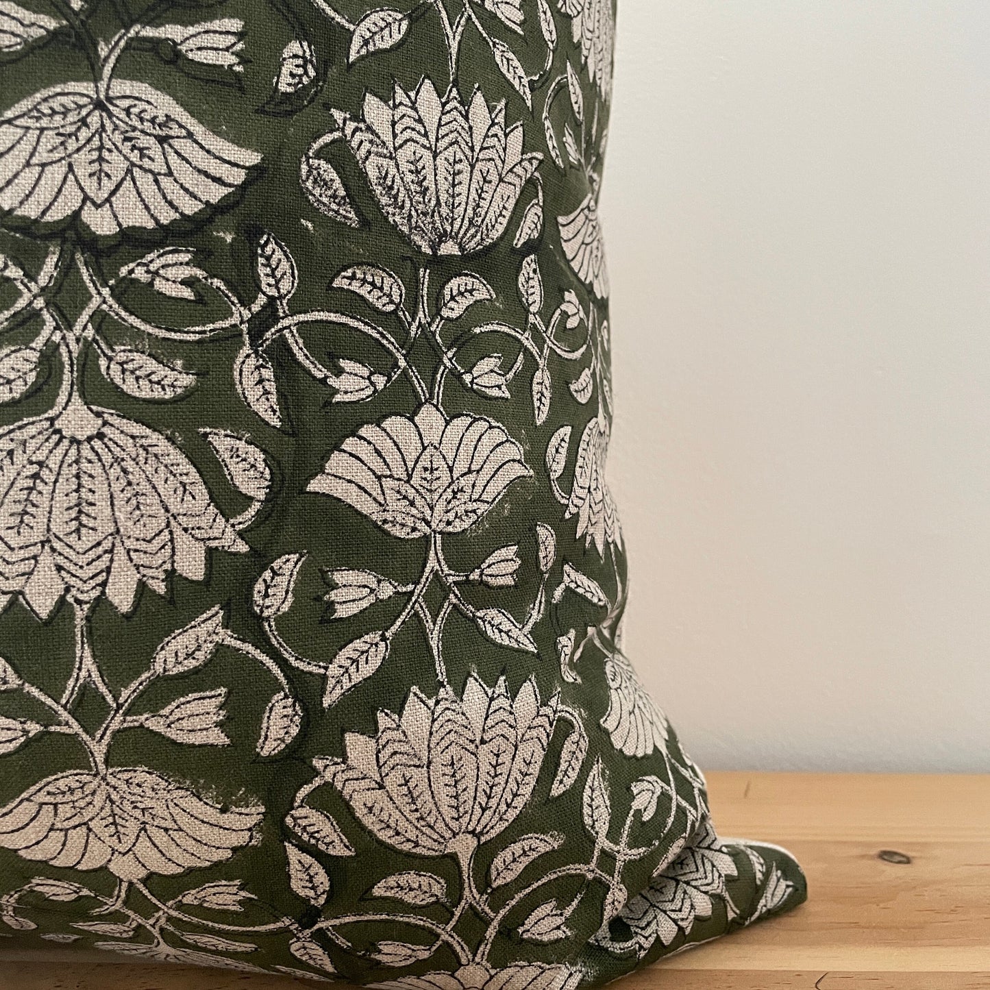 Green Linen Block Print Pillow Cover, Natural Linen Floral Print Pillow Cover