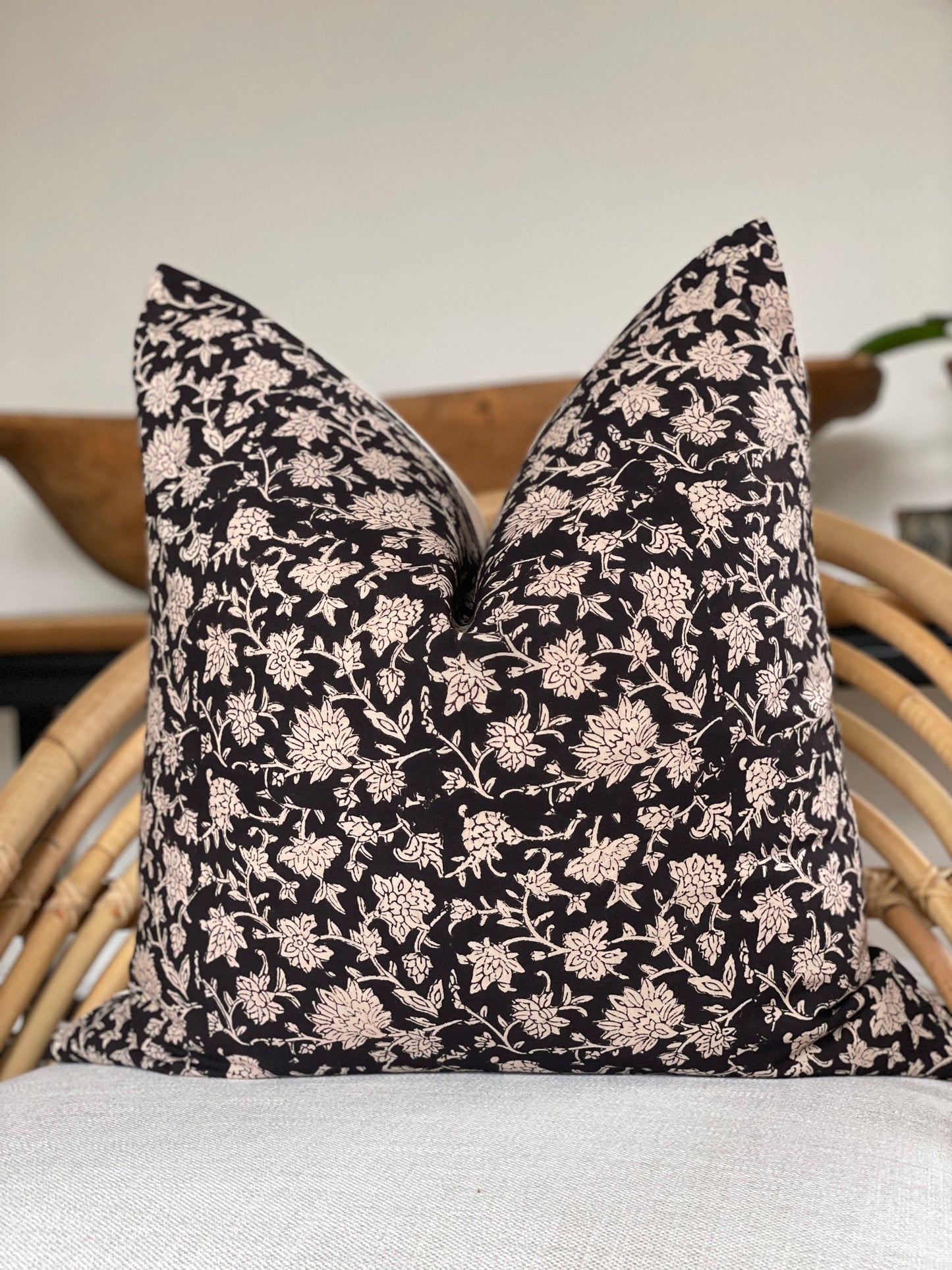 Black Floral Block Print Pillow Cover, Cotton Block Print Pillow