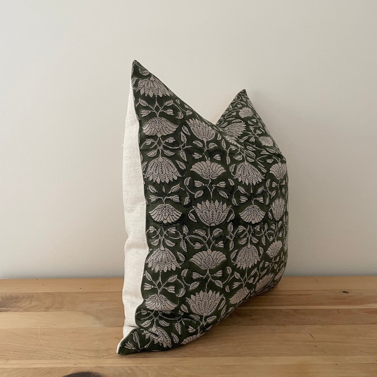 Green Linen Block Print Pillow Cover, Natural Linen Floral Print Pillow Cover