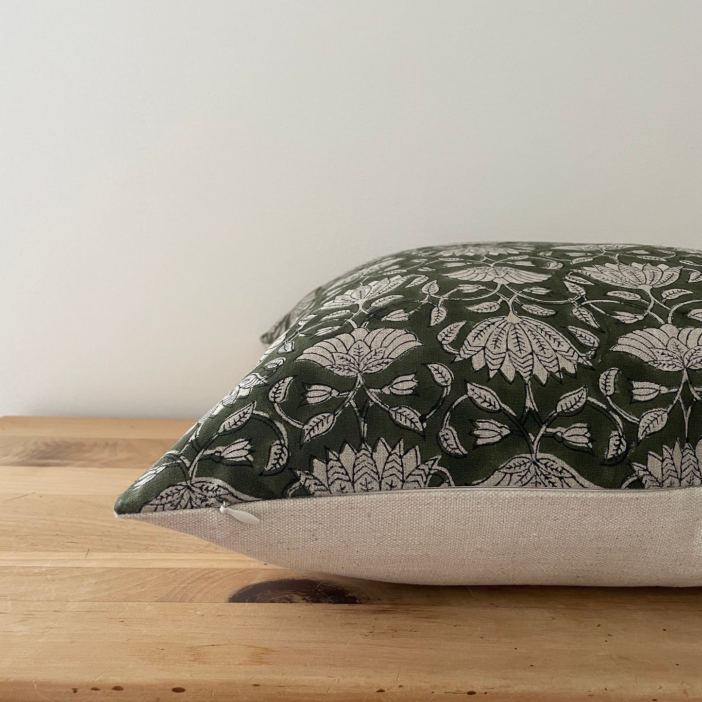 Green Linen Block Print Pillow Cover, Natural Linen Floral Print Pillow Cover