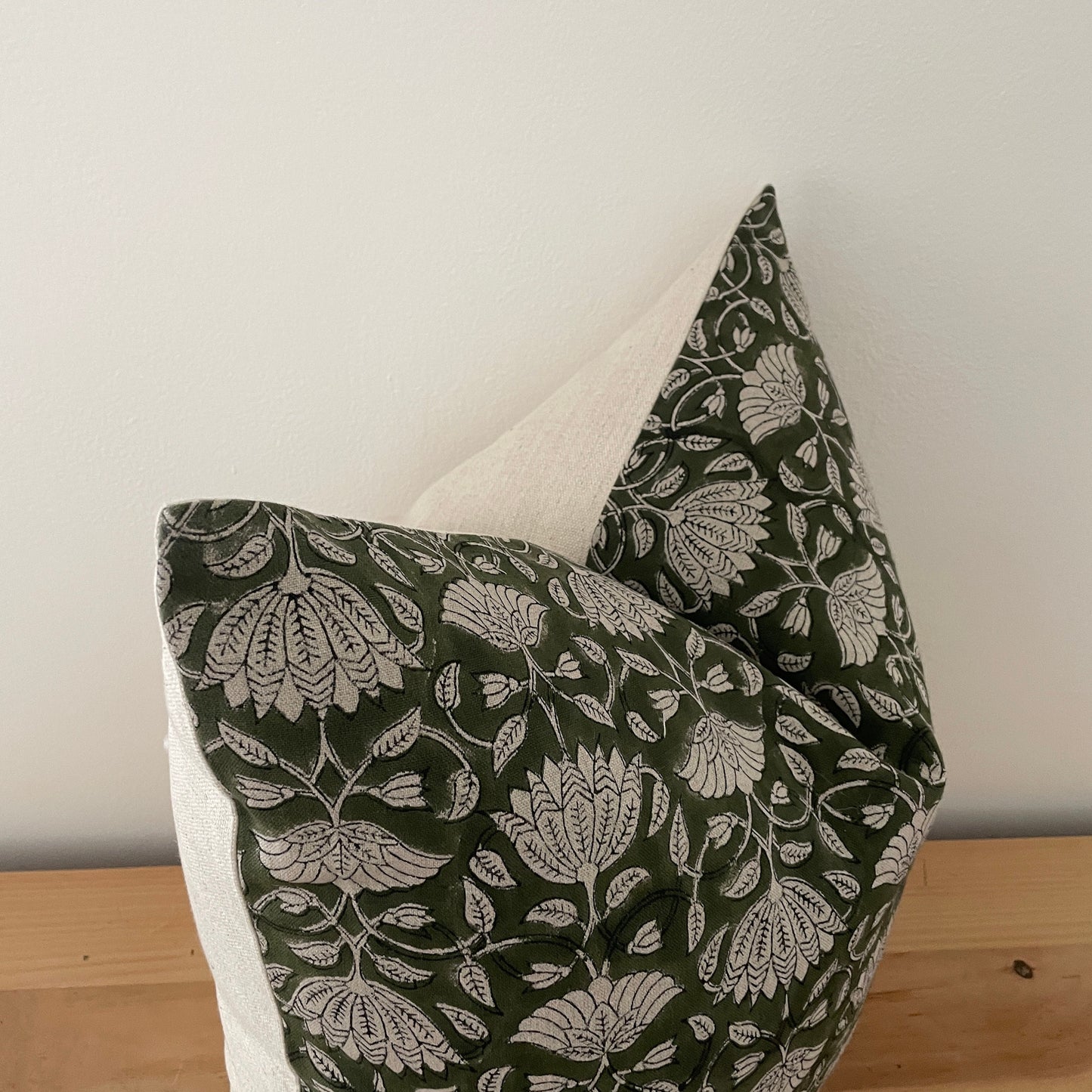 Green Linen Block Print Pillow Cover, Natural Linen Floral Print Pillow Cover