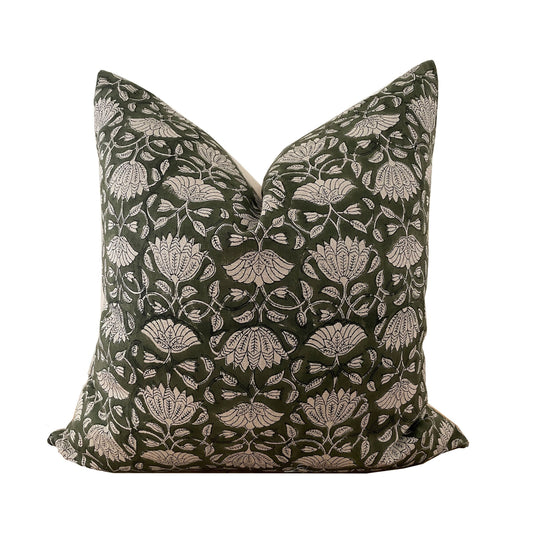 Green Linen Block Print Pillow Cover, Natural Linen Floral Print Pillow Cover