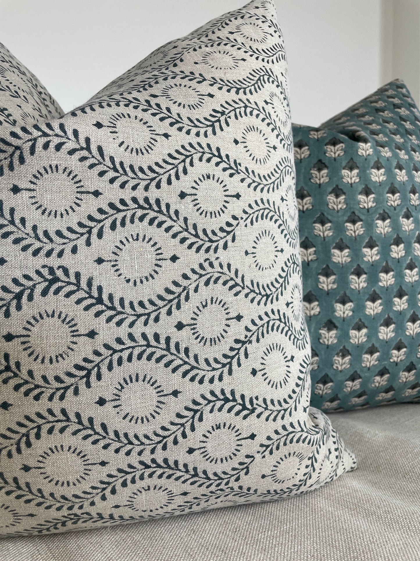 Blue Block Pillow Cover Combo, Blue on Natural Linen Block Print Pillows