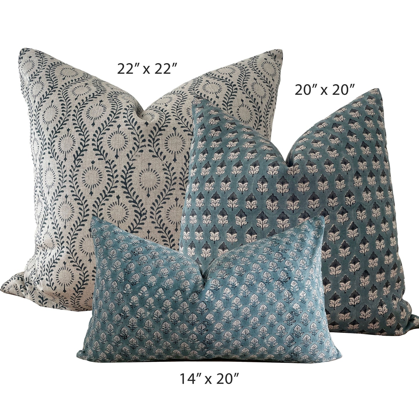 Blue Block Pillow Cover Combo, Blue on Natural Linen Block Print Pillows