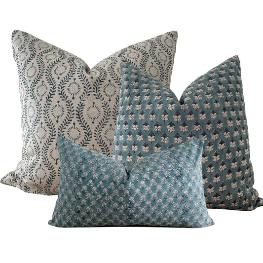 Blue Block Pillow Cover Combo, Blue on Natural Linen Block Print Pillows