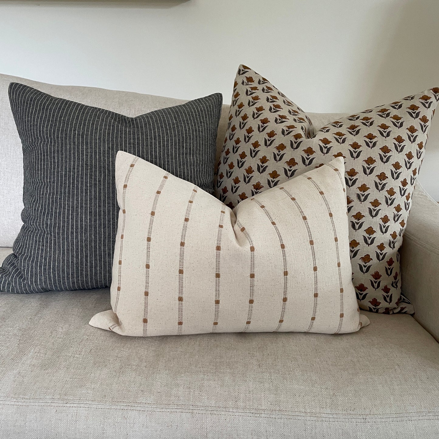 Neutral Gray Stripe and Block Print Pillow Combination || Set of 3 Covers