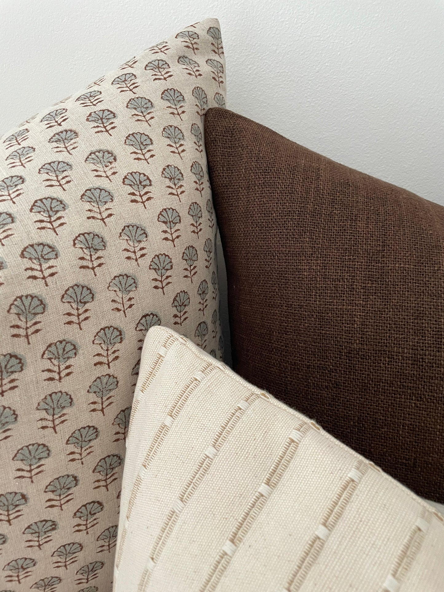 Neutral Brown and Cream Double Sided Pillow Combination || Set of 3 Covers,  Floral Block Print, Brown woven Pillow,Cream Lumbar Pillow